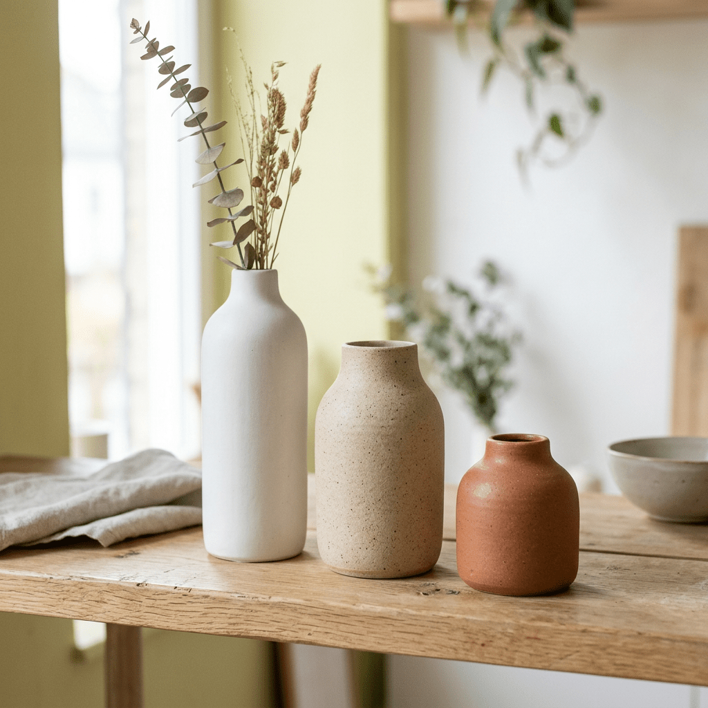 Three ceramic vases in white, beige, and terracotta colors on a wooden table with dried foliage in the white vase