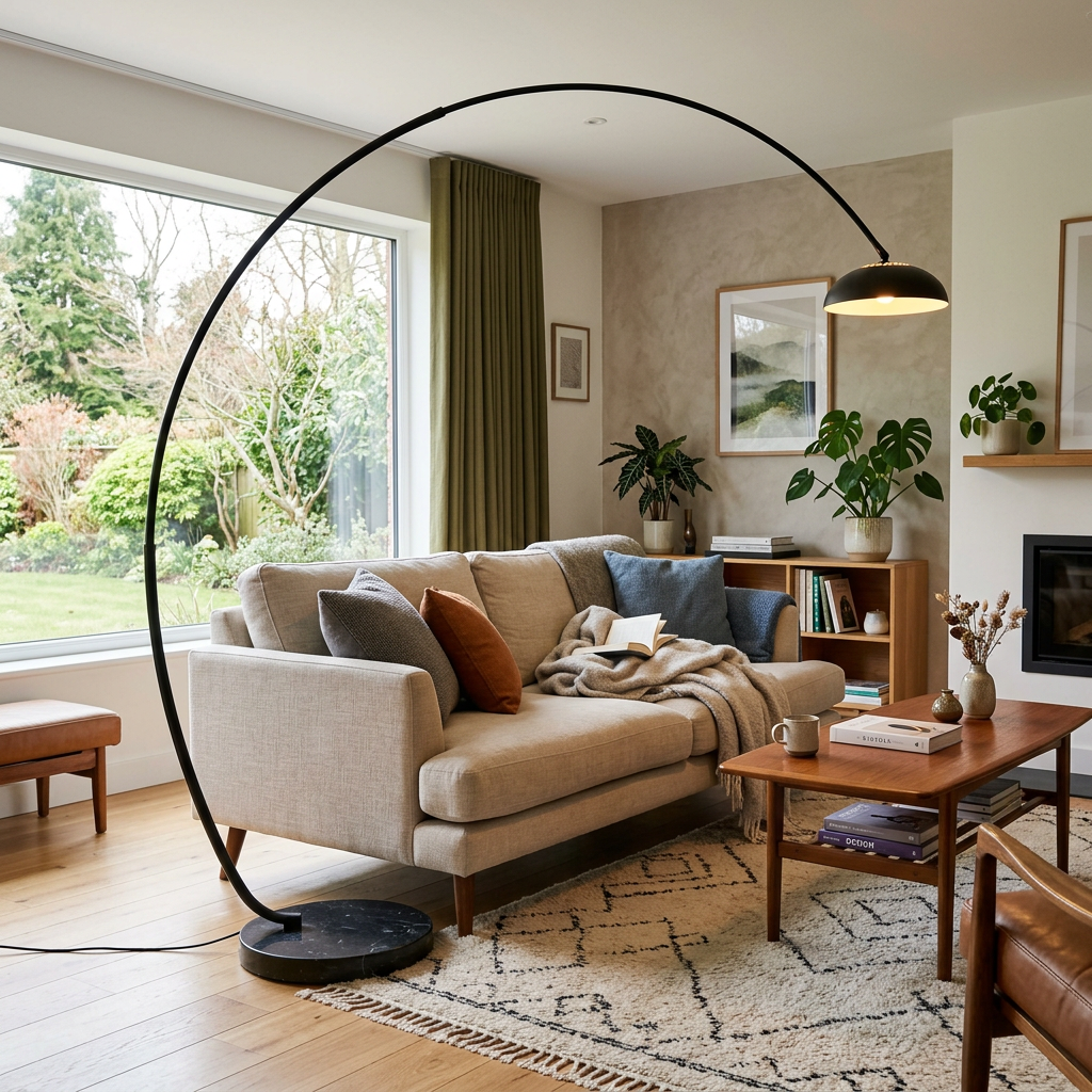 Beige sofa with cushions and throw, tall arc floor lamp, coffee table with books and plants in modern living room