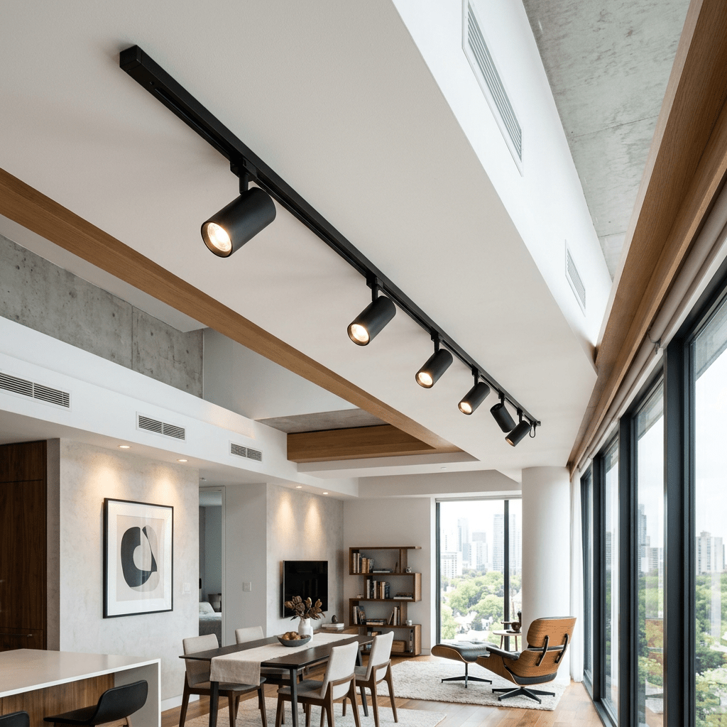 Modern living and dining room with track lighting, large windows, and wooden furniture