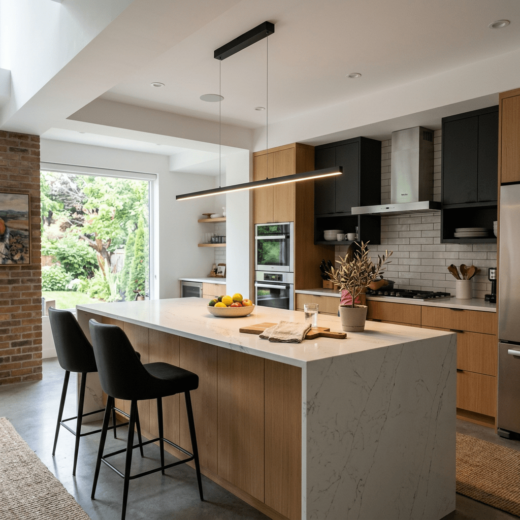 Modern kitchen with marble island, black bar stools, wooden cabinetry, and large window showing green garden