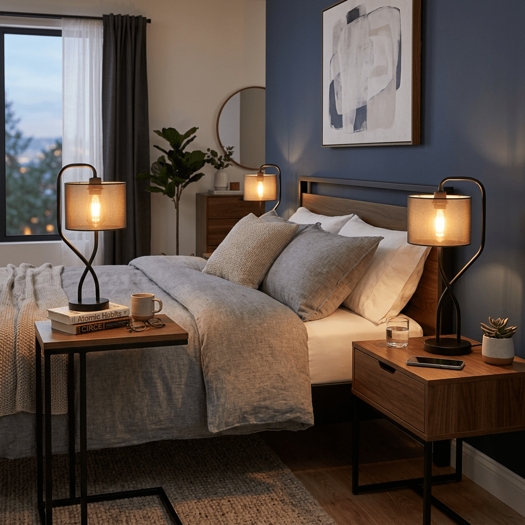 Modern bedroom with wooden bed, gray bedding, bedside lamps, and decorative plants