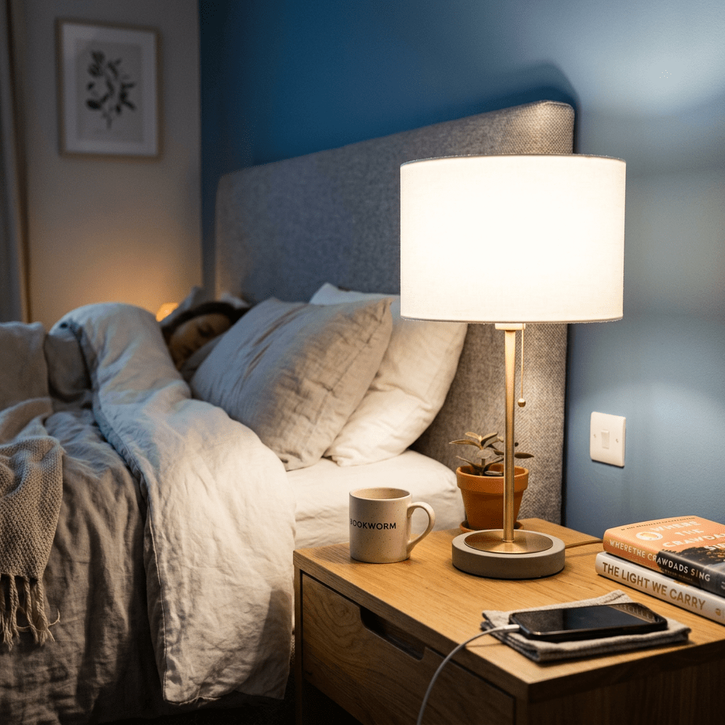 Bedside lamp on wooden nightstand with sleeping person in background