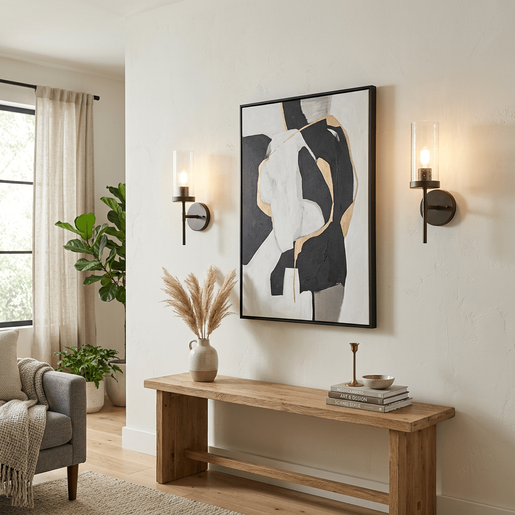 Abstract black, white, and gold painting centered between two wall sconces with exposed bulbs above a wooden bench.