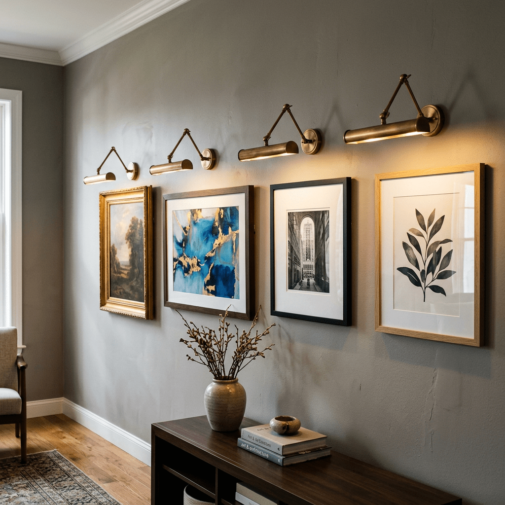 Four framed artworks on a gray wall lit by four brass picture lights above