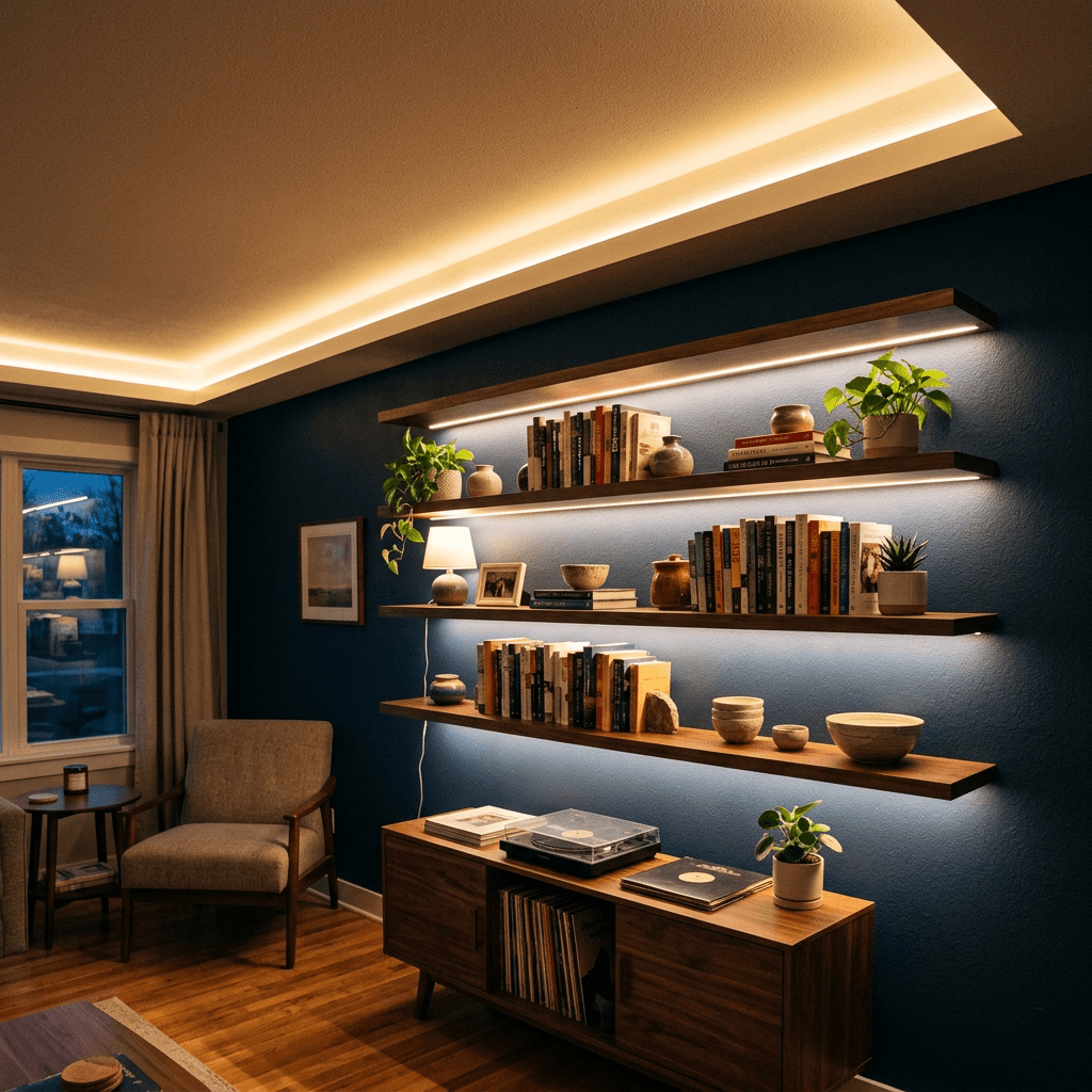 Living room corner with illuminated floating shelves holding books, pottery, plants, and a lamp