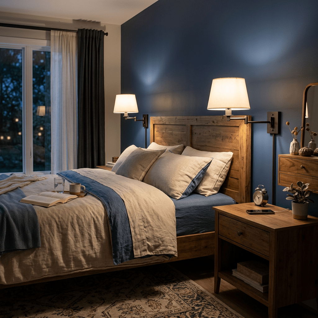 Bed with pillows and blankets in a warmly lit bedroom with bedside lamps